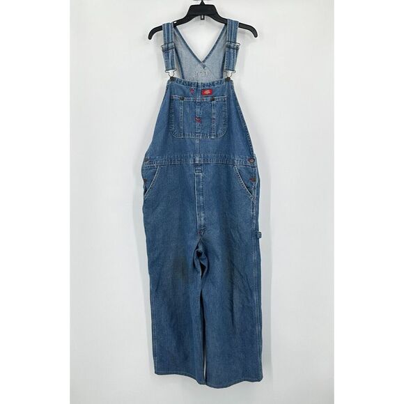 Vtg Dickies‎ Bib Denim Overalls Mens 40x24 Blue CROP Streetwear Thrashed Utility - Picture 1 of 14